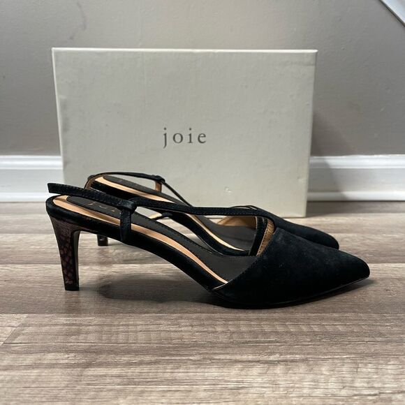 Joie Reno Black Suede Heels Slingbacks 36.5 US 6.5 snakeskin heel New - Picture 5 of 9